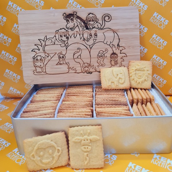 Kinder-Keksdose "Zoo" mit 750g Logokeksen / Holzdeckel / Frühstücksbrettchen