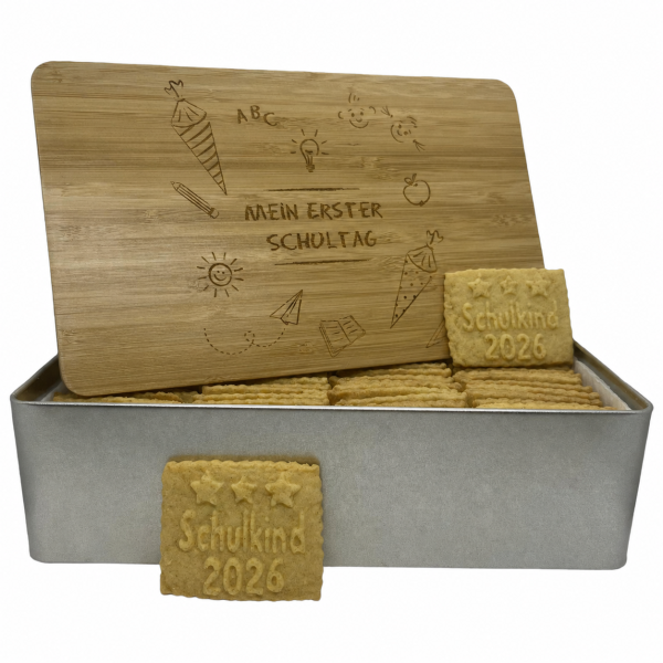 Einschulung-Keksdose "Erster Schultag" mit 750g Logokeksen / Holzdeckel / Frühstücksbrettchen