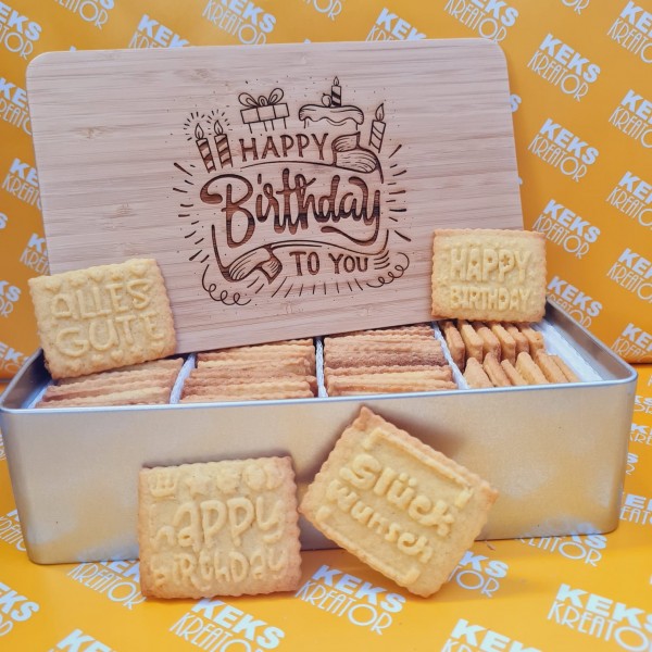 Geburtstags-Keksdose "Happy Birthday" mit 750g Logokeksen / Holzdeckel / Frühstücksbrettchen