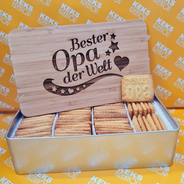 Bester Opa-Keksdose "Bester Opa" mit 750g Logokeksen / Holzdeckel / Frühstücksbrettchen