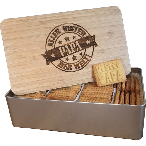 Papa-Keksdose "Bester Papa" mit 750g Logokeksen / Holzdeckel / Frühstücksbrettchen