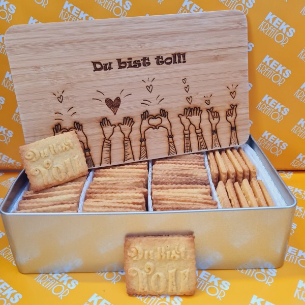 Du bist toll-Keksdose mit 750g Logokeksen / Holzdeckel / Frühstücksbrettchen