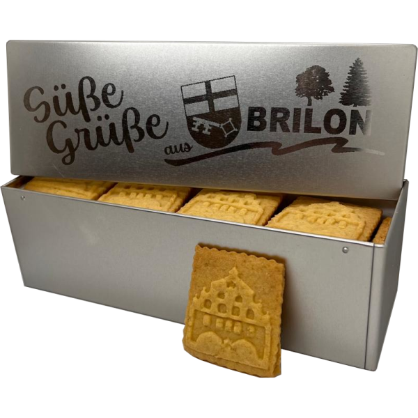 Truhe mit "Brilon" Gravur und 30 Butter-Vanille Rathaus-Keksen