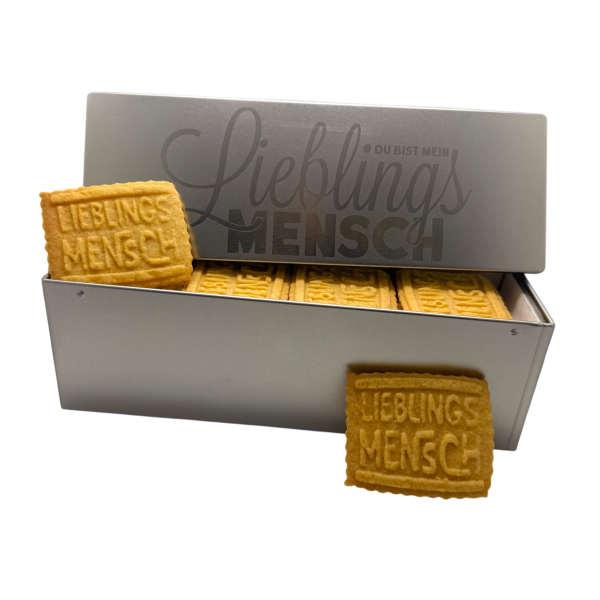 Truhe mit "Lieblingsmensch" Gravur und 30 Mandel-Zitrone Lieblingsmensch Logokekse