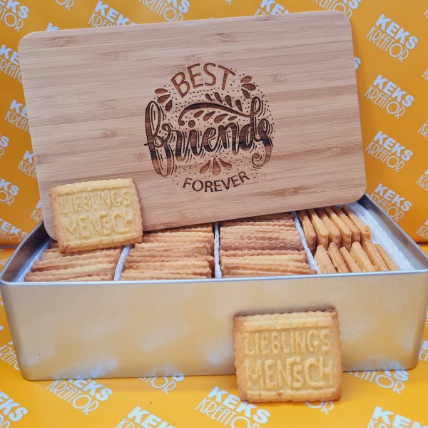 Lielingsmensch-Keksdose "Best friends forever" mit 750g Logokeksen / Holzdeckel / Frühstücksbrettche