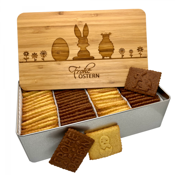 Ostern-Keksdose "Frohe Ostern" mit 750g Logokeksen / Holzdeckel / Frühstücksbrettchen