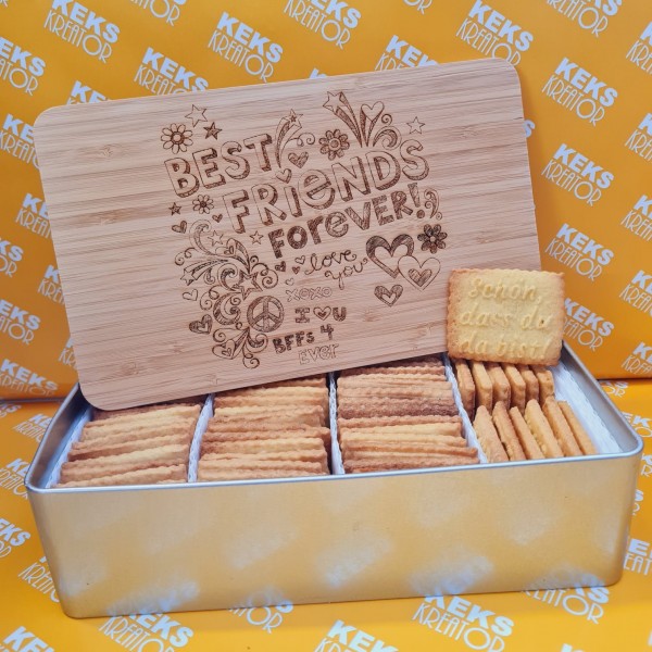 Best friends forever-Keksdose "Schön, dass du da bist" mit 750g Logokeksen / Holzdeckel / Frühstücks
