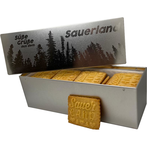 Truhe mit "Sauerland" Gravur und 30 Butter-Vanille Sauerland-Keksen